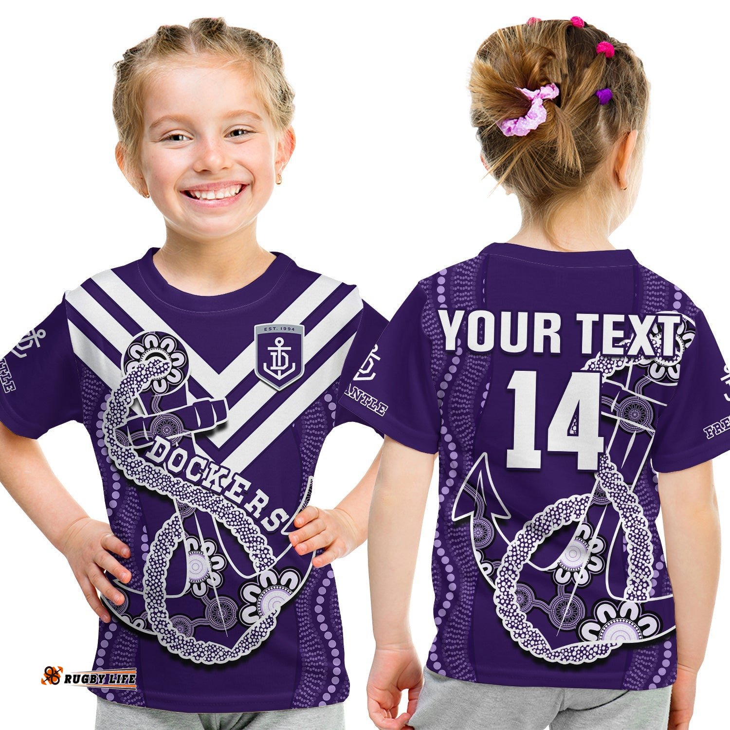 Custom Text And Number Dockers Football T Shirt KID Fremantle Anchor Mix Aboriginal Pattern Dynamic Style