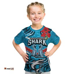 Custom Sharks Rugby ANZAC Kid T Shirt Gallipoli Soldier With Aboriginal Art