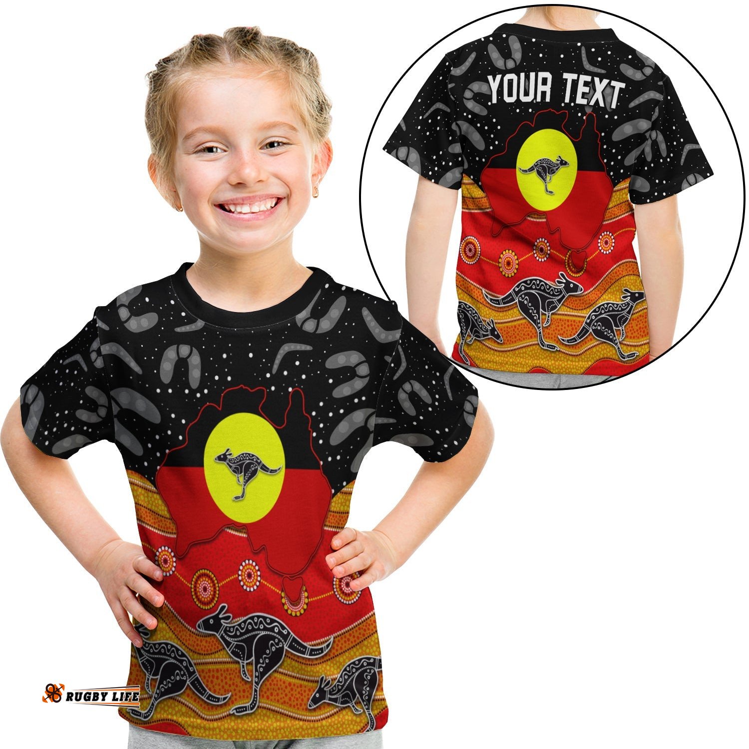Custom Personalised Aboriginal Flag T Shirt KID Map Aussie