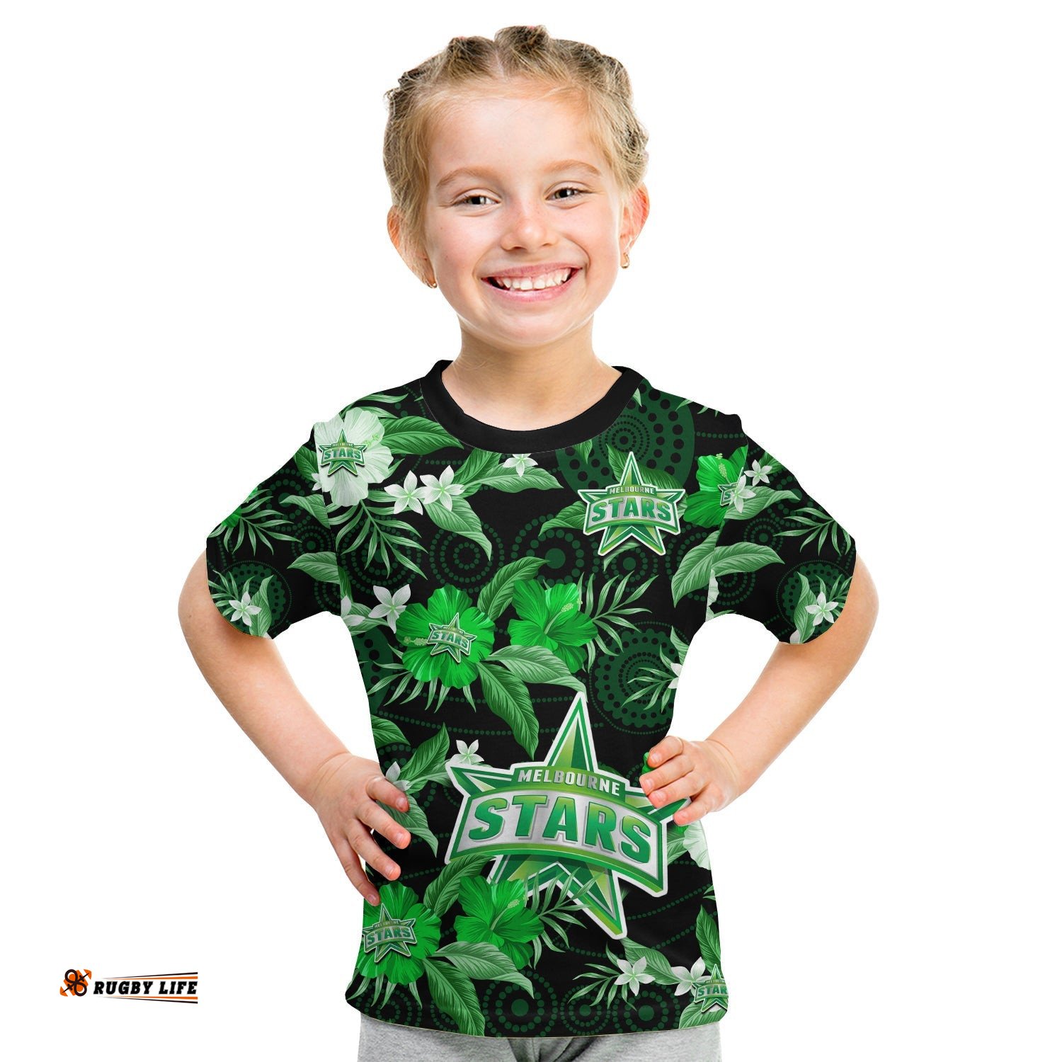Melbourne Stars Cricket T Shirt KID Aboriginal Art Mix Tropical Flowers