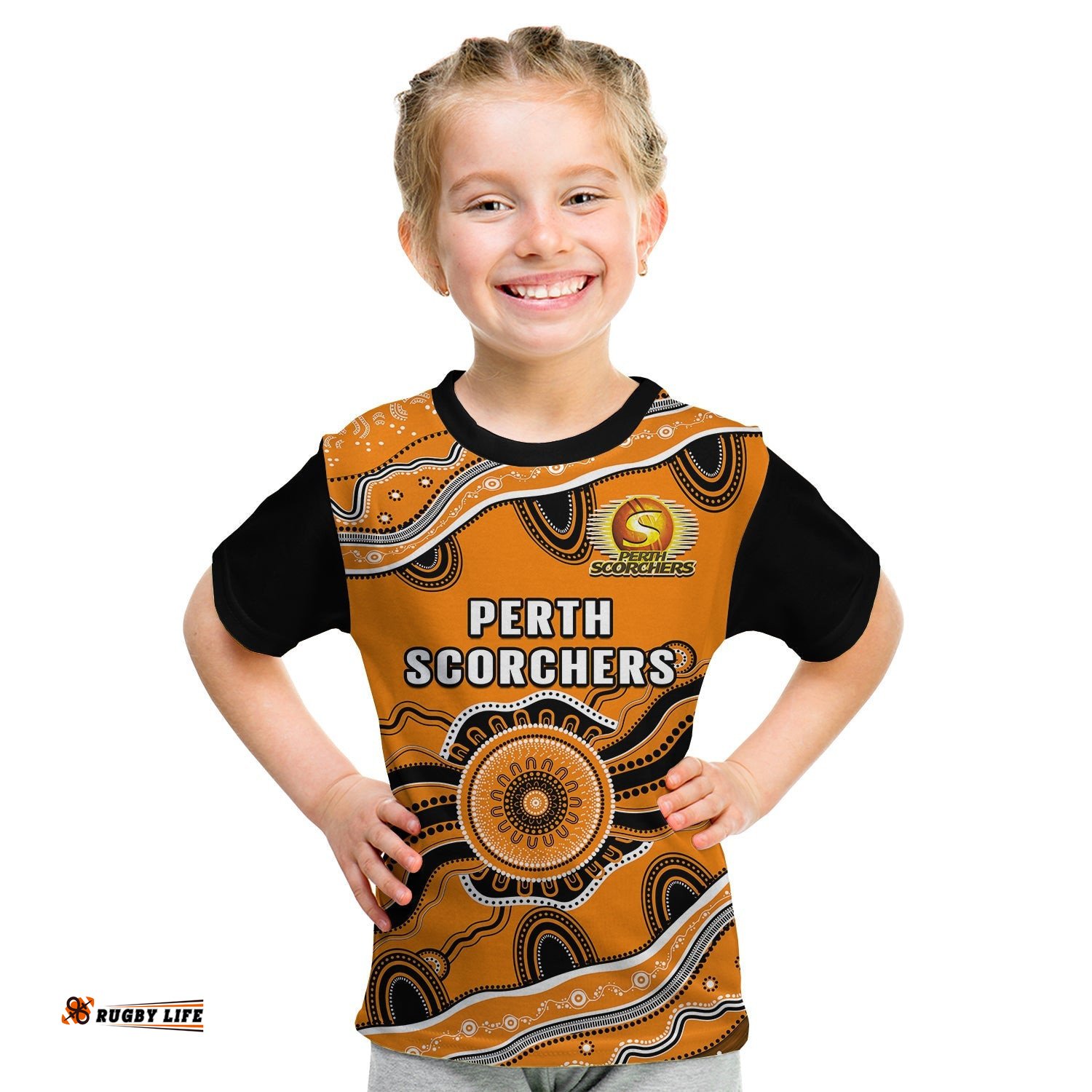 Custom Text And Number Perth Scorchers Cricket T Shirt KID Aboriginal Painting