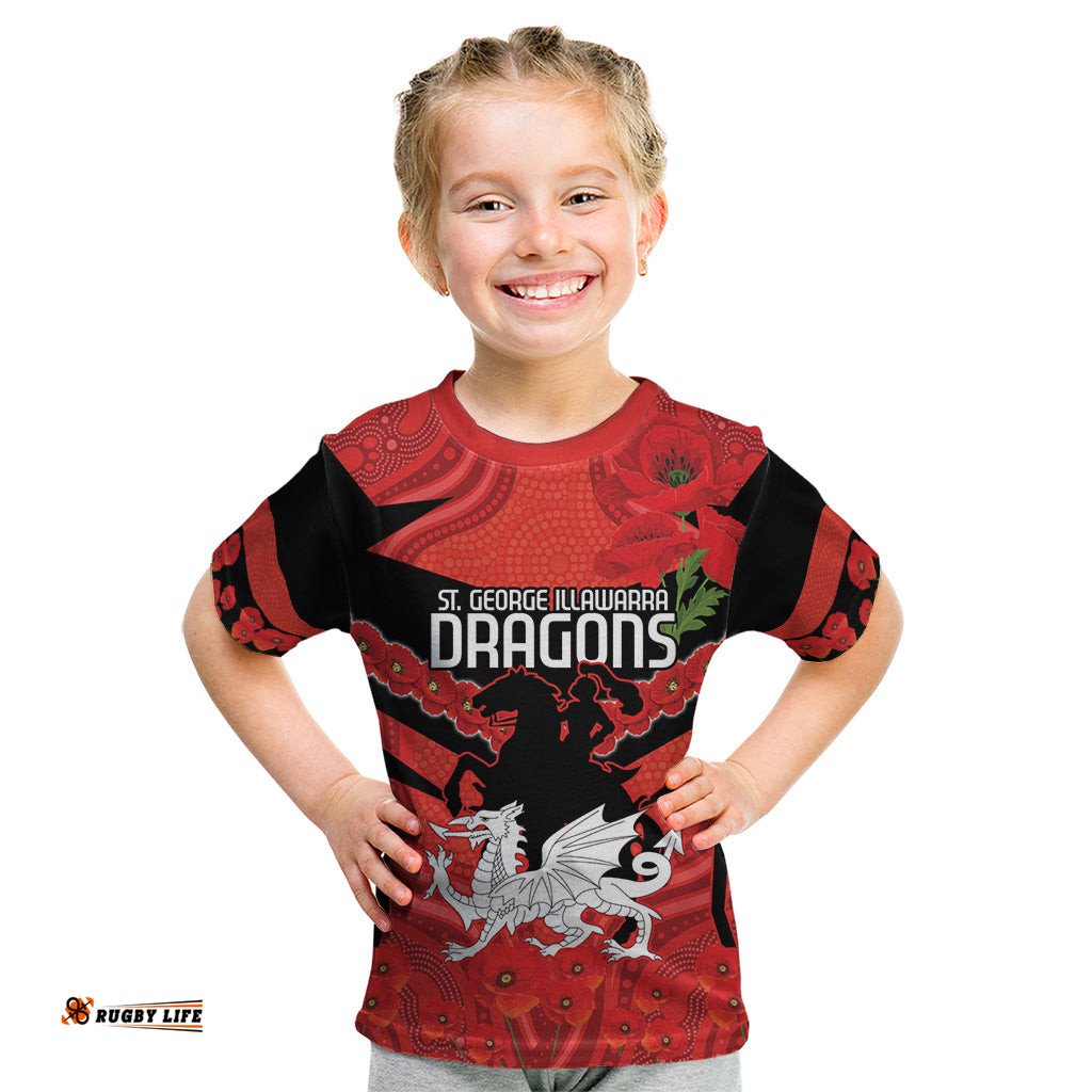Custom Dragons Rugby ANZAC Kid T Shirt Gallipoli Soldier With Aboriginal Art