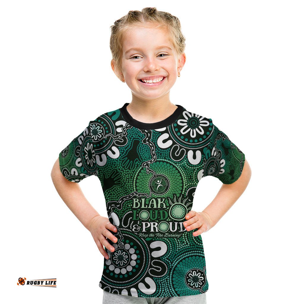 NAIDOC Week 2024 Fire Burning Kid T Shirt Aboriginal Dots Green Art