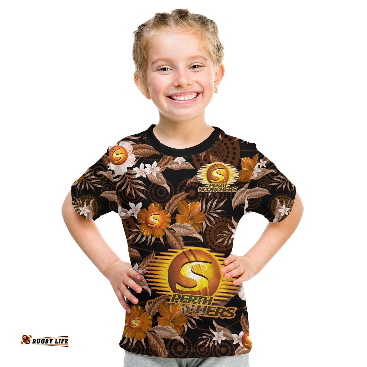 Custom Text And Number Perth Scorchers Cricket T Shirt KID Aboriginal Art Mix Tropical Flowers