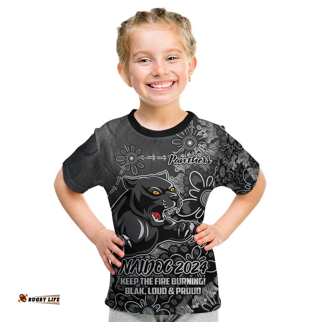 Personalised Panthers NAIDOC Week 2024 Kid T Shirt Aboriginal Fire Burning Sparks