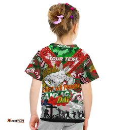 Personalised Rabbitohs ANZAC Day Kid T Shirt Aboriginal Rising Sun