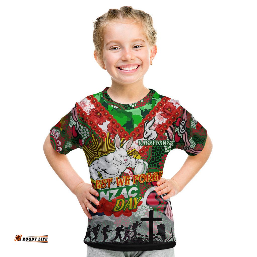 Personalised Rabbitohs ANZAC Day Kid T Shirt Aboriginal Rising Sun