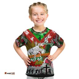 Personalised Rabbitohs ANZAC Day Kid T Shirt Aboriginal Rising Sun