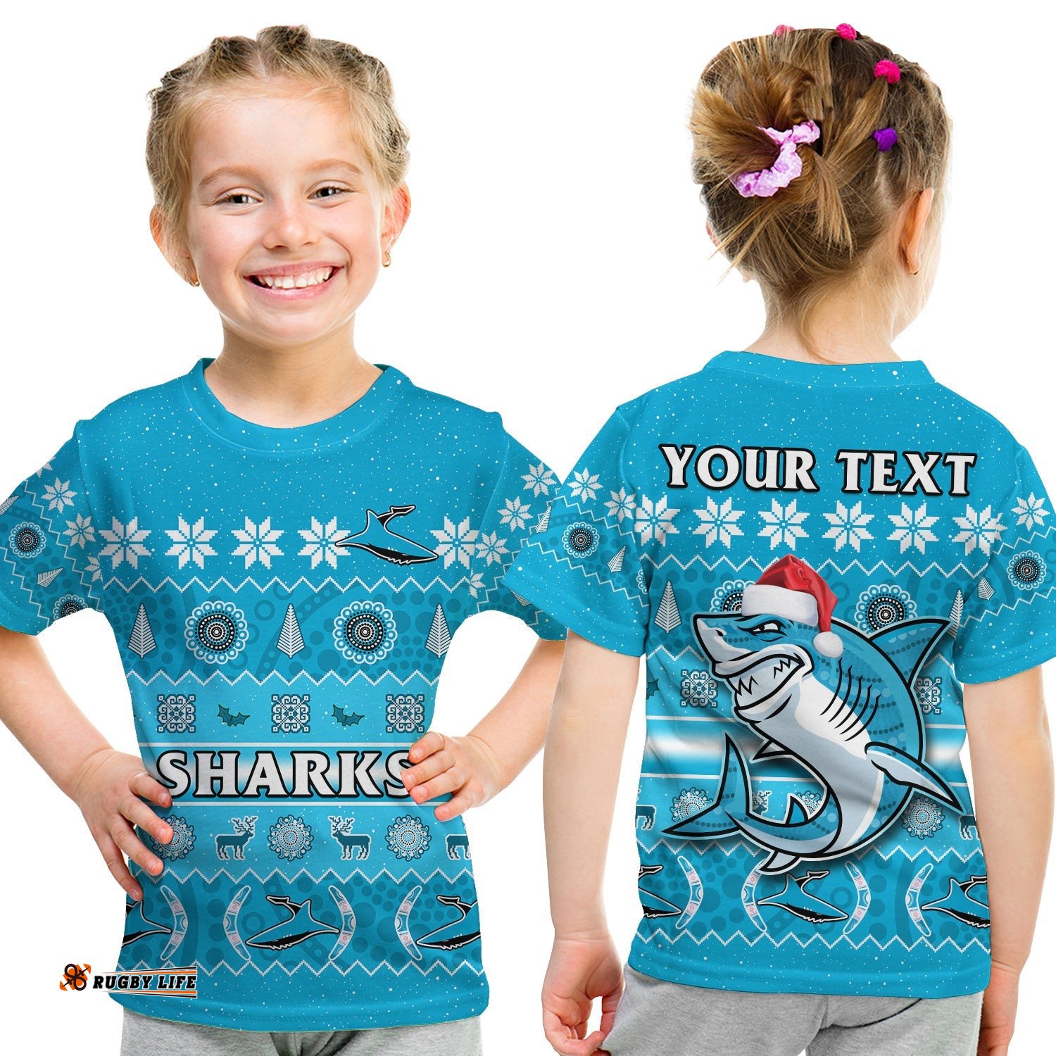 Custom Personalised Sharks Christmas T Shirt KID Cronulla Sutherland Aboriginal Art Merry Xmas