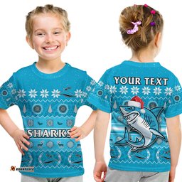 Custom Personalised Sharks Christmas T Shirt KID Cronulla Sutherland Aboriginal Art Merry Xmas
