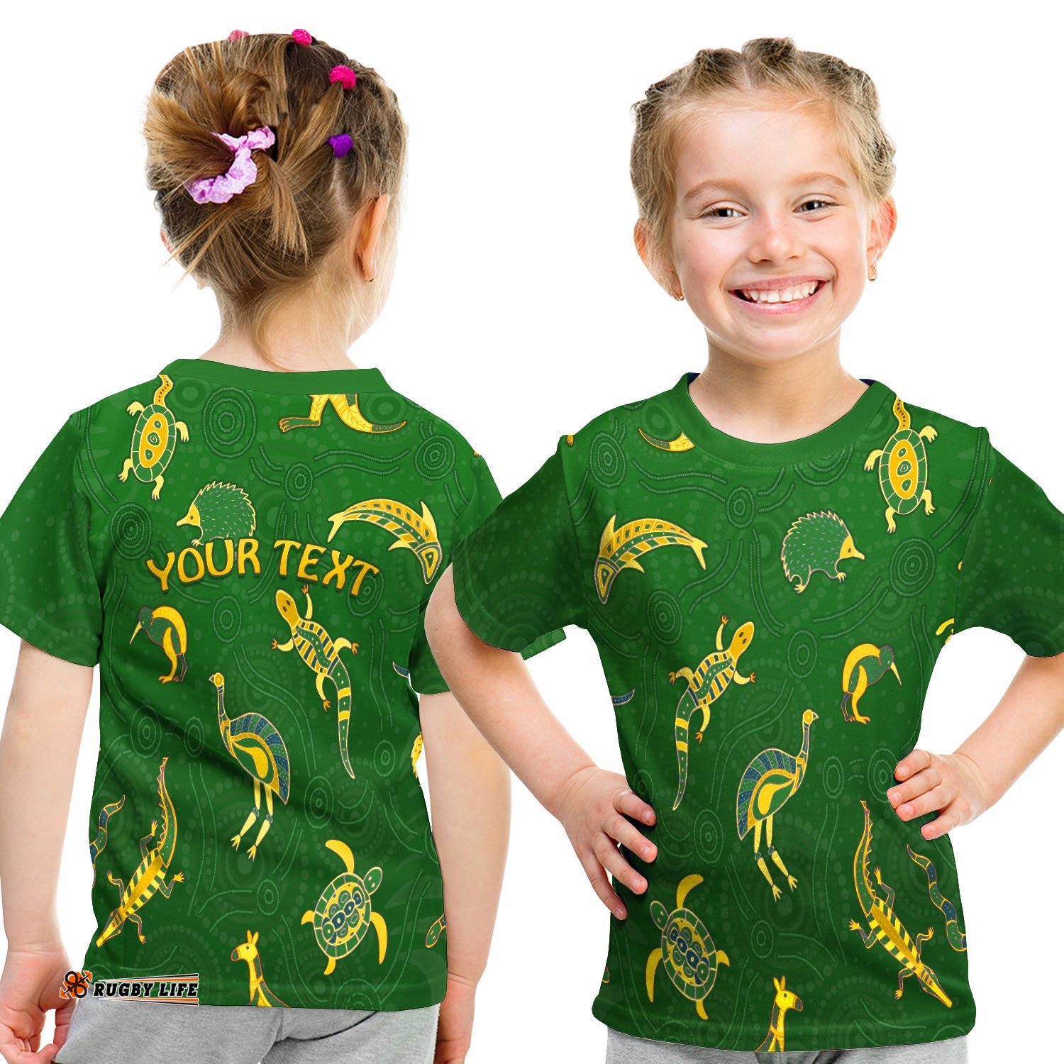 Custom Personalised Aboriginal Art T Shirt KID Animals Australia Version Green
