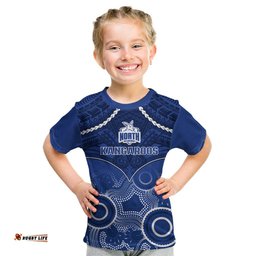 Personalised North Melbourne Football Kid T Shirt Kangaroos Aboriginal Mix Polynesian Pattern