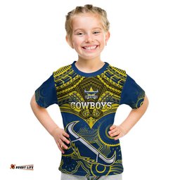 Cowboys Rugby Kid T Shirt Aboriginal Mix Polynesian Pattern