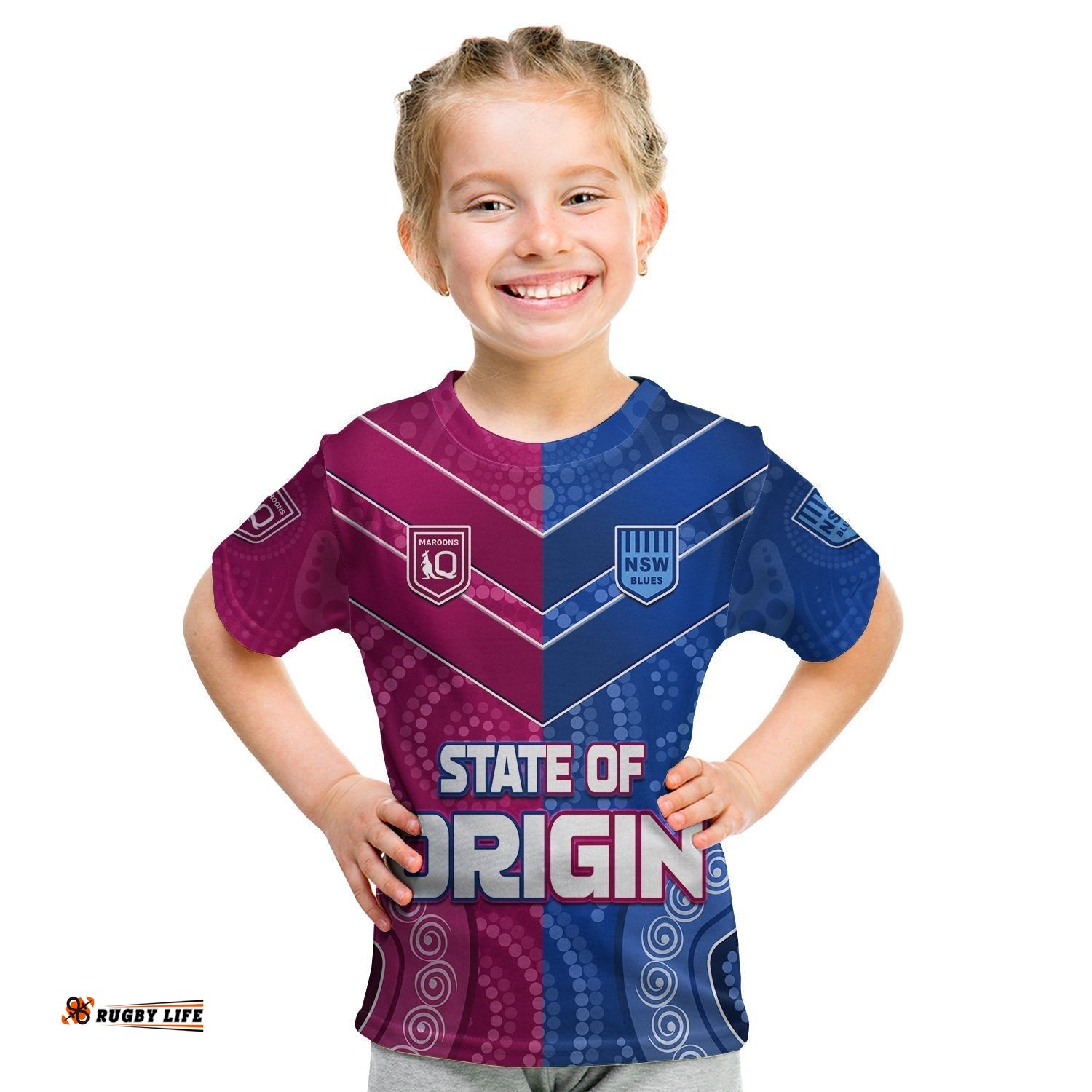 Blues and Maroons Rugby T shirt KID Origin NSW Combine Queensland Aboriginal Australian