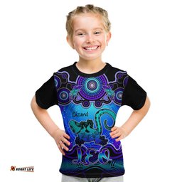 Personalised Australia Leo Lizard Zodiac Kid T Shirt Auz Astrology Aboriginal - Blue