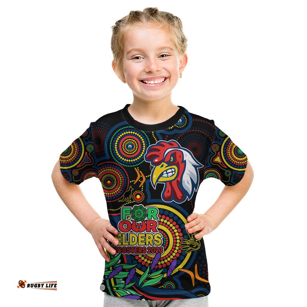 Custom Roosters Rugby Aboriginal Art Kid T Shirt NAIDOC Indigenous Tribal