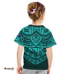 Matildas Soccer Kid T Shirt Polynesian and Aboriginal Turquoise Vibe