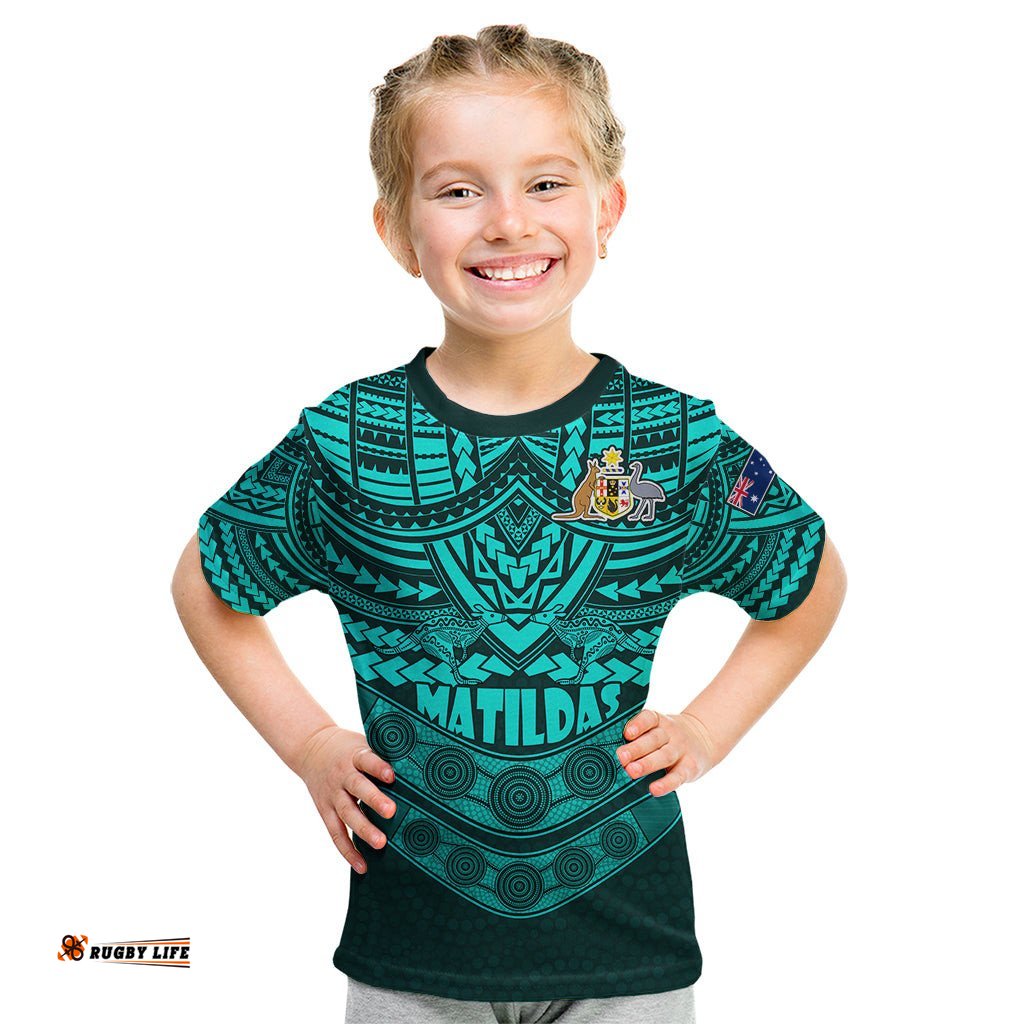 Matildas Soccer Kid T Shirt Polynesian and Aboriginal Turquoise Vibe