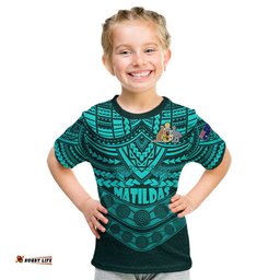 Matildas Soccer Kid T Shirt Polynesian and Aboriginal Turquoise Vibe