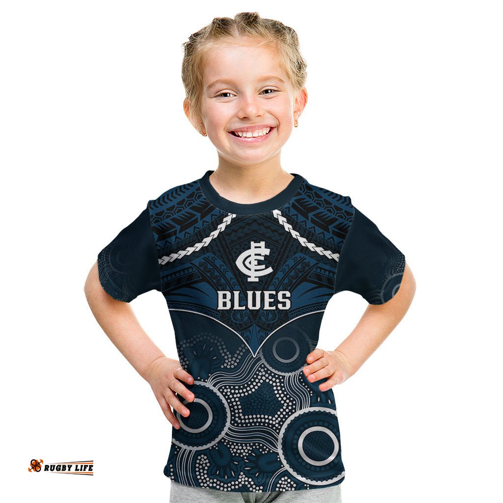 Carlton Football Kid T Shirt Blues Aboriginal Mix Polynesian Pattern