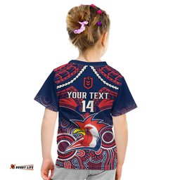 Personalised Roosters Rugby Kid T Shirt Tricolours 1908 Aboriginal Mix Polynesian Pattern