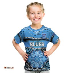 Custom Text And Number Blues Rugby Aboriginal Kid T Shirt New South Wales State of Origin