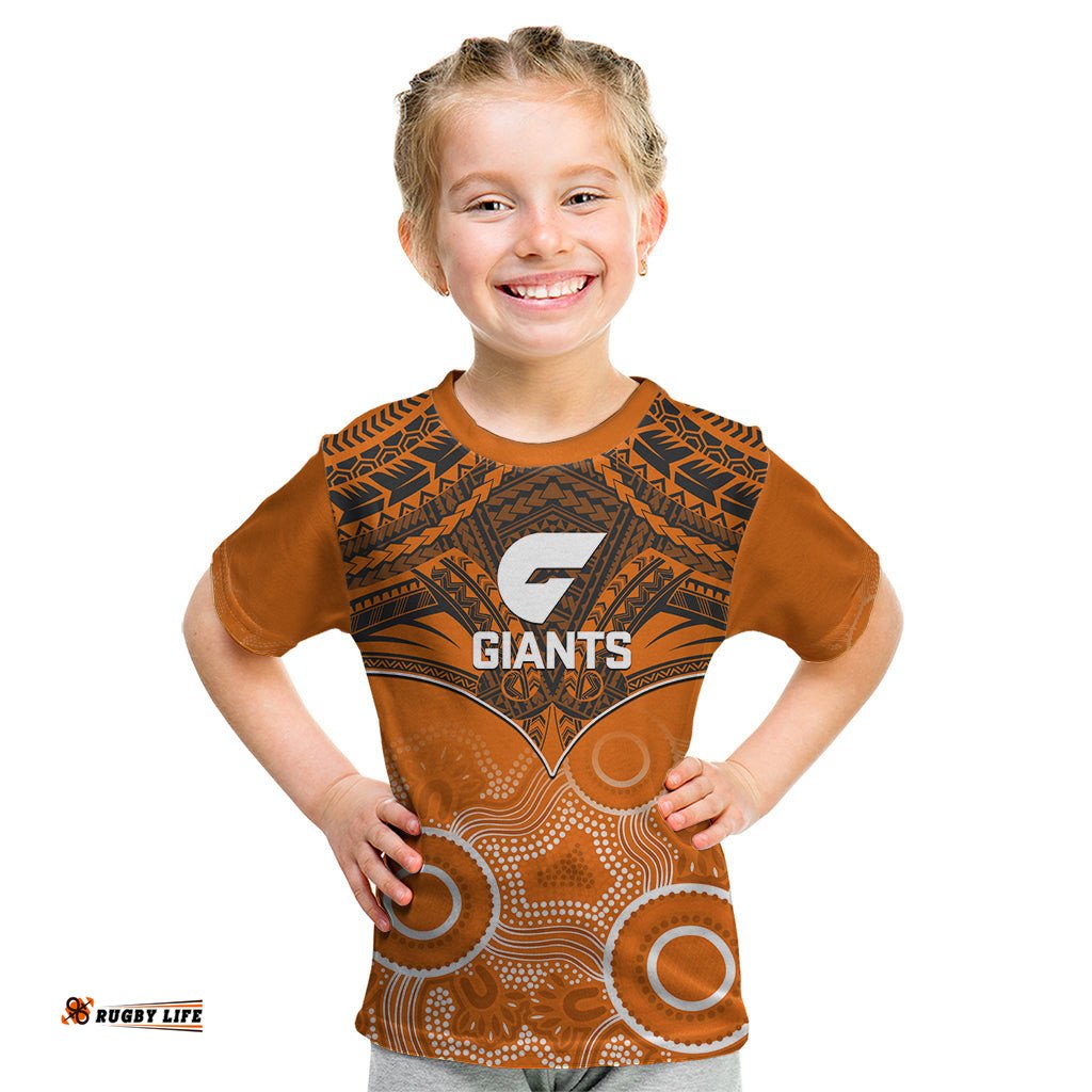 Personalised Giants Football Kid T Shirt GWS Aboriginal Mix Polynesian Pattern