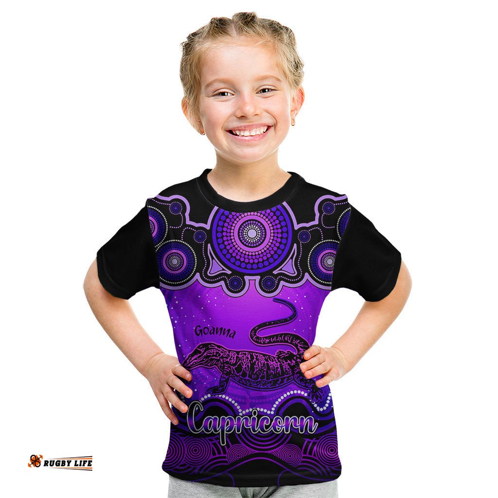 Personalised Australia Capricorn Goanna Zodiac Kid T Shirt Auz Astrology Aboriginal - Purple