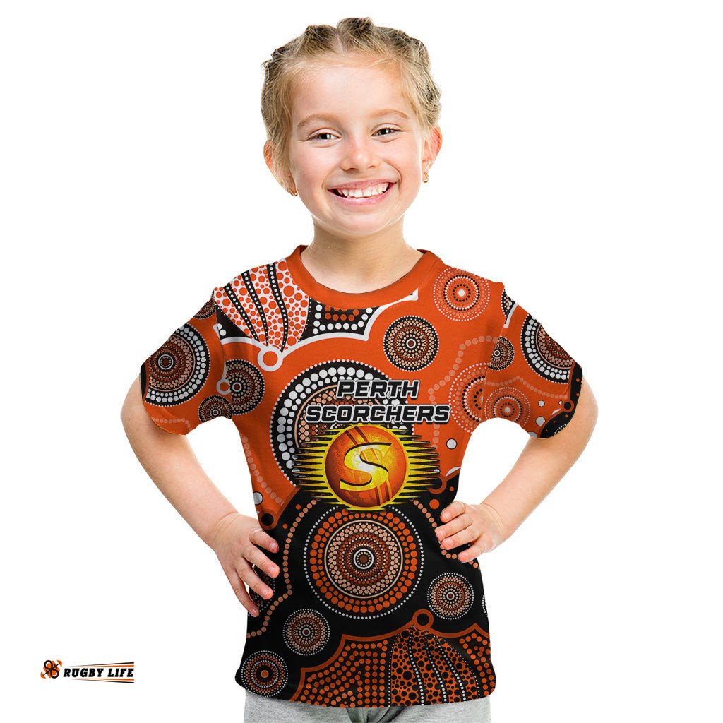 Custom Text And Number Perth Scorchers BBL Kid T Shirt Aboriginal Patterns