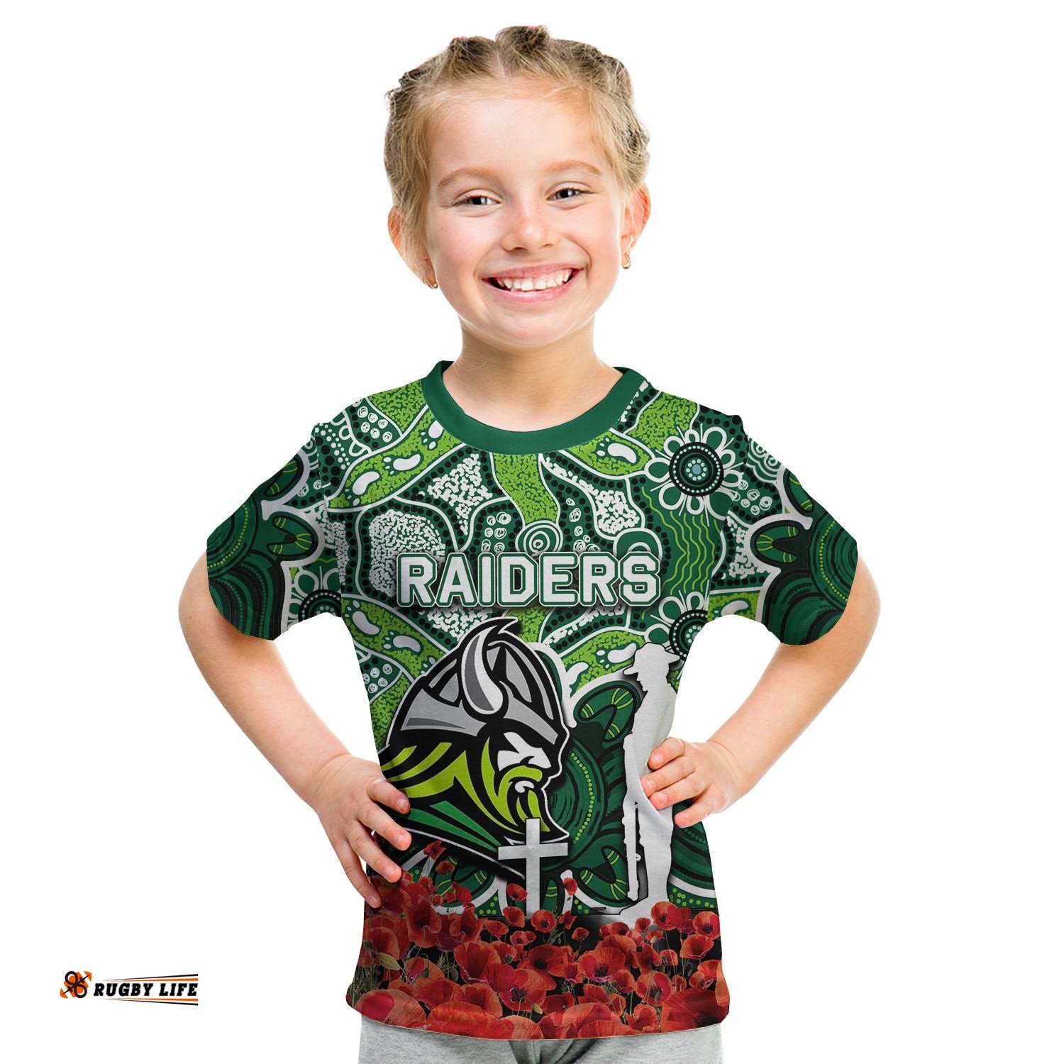 Raiders T Shirt KID Anzac Day Poppy Flowers With Aboriginal