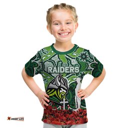 Raiders T Shirt KID Anzac Day Poppy Flowers With Aboriginal