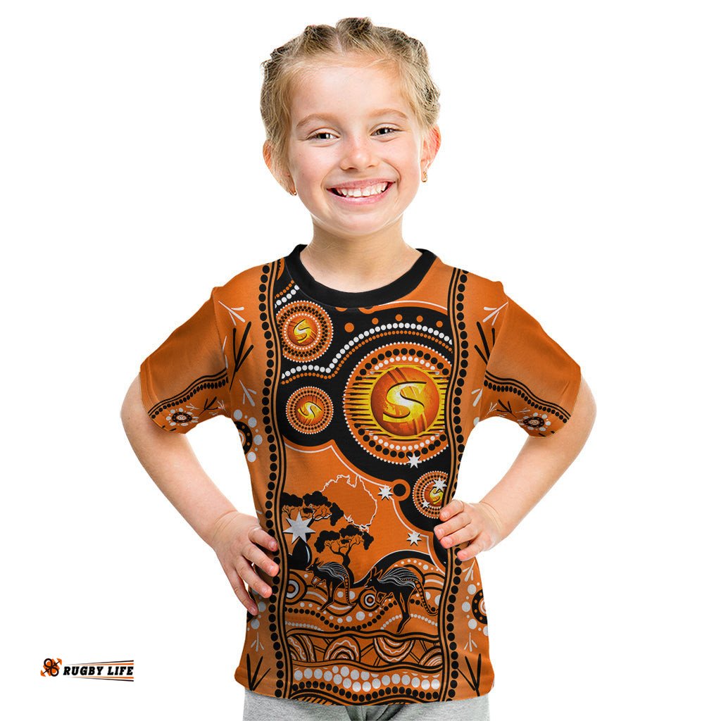 Custom Perth Scorchers Cricket Kid T Shirt Happy Australia Day Aboriginal Art