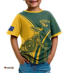 Rugby Kid T-Shirt - Australian Rugby Kangaroo & Aboriginal Patterns