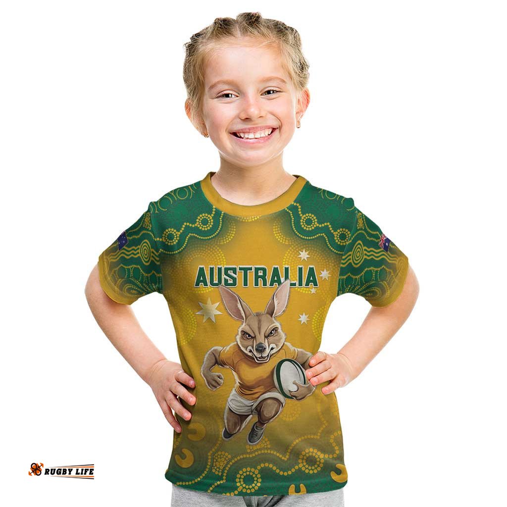 Custom Australia Rugby 2024 Kid T Shirt Go Wallabies Aboriginal Pattern