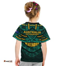 Wallabies Rugby Kid T Shirt Polynesian and Aboriginal Special Green Version