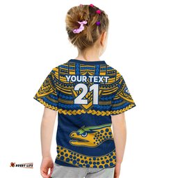 Custom Eels Rugby Kid T Shirt Polynesian and Aboriginal Vibe