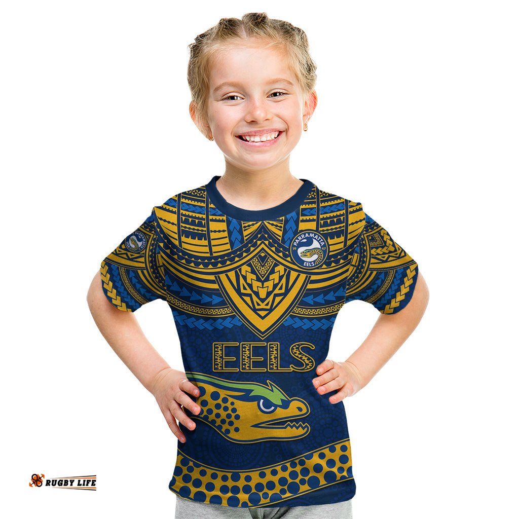 Custom Eels Rugby Kid T Shirt Polynesian and Aboriginal Vibe