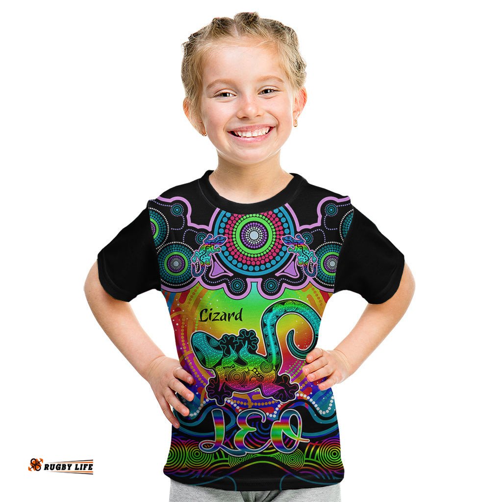 Personalised Australia Leo Lizard Zodiac Kid T Shirt Auz Astrology Aboriginal - Rainbow