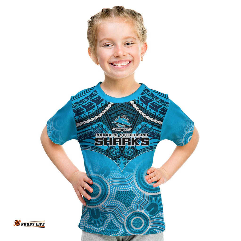 Personalised Sharks Rugby Kid T Shirt Go Sharkies Aboriginal Mix Polynesian Pattern