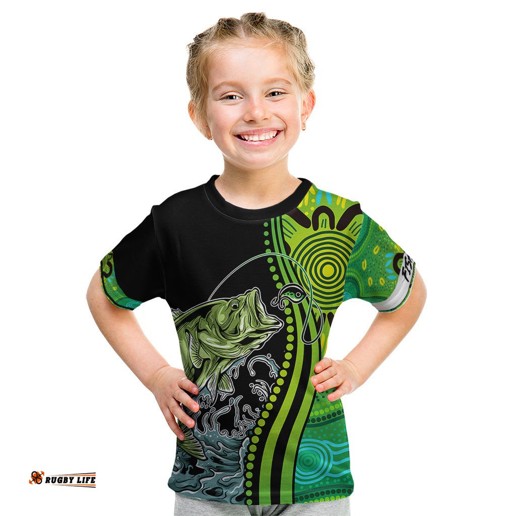 Australia Fishing Kid T Shirt Aboriginal Rise And Shine A Bass Fish Jumps Out Of Water And Aboriginal Patterns Inspired