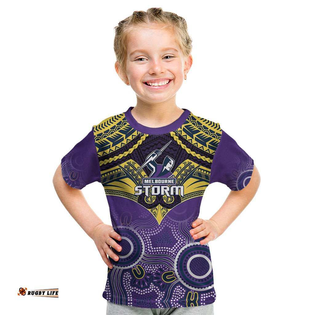 Personalised Storm Rugby Kid T Shirt Go Melbourne Aboriginal Mix Polynesian Pattern