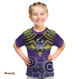 Personalised Storm Rugby Kid T Shirt Go Melbourne Aboriginal Mix Polynesian Pattern