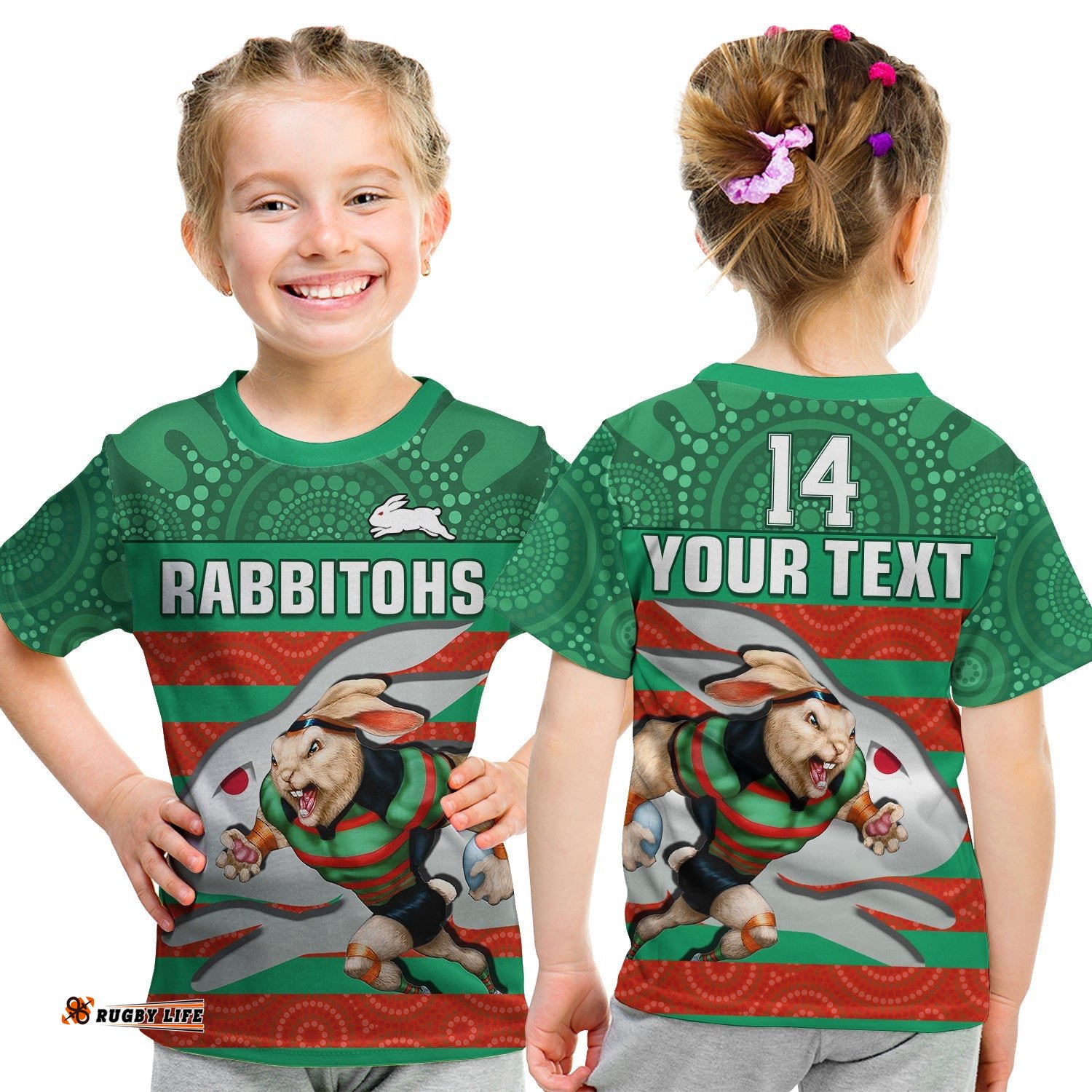 Custom Text And Number Rabbitohs Rugby T Shirt KID Aboriginal Dot Painting Glory Glory Sporty Style