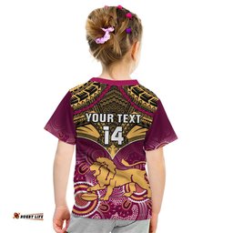 Personalised Brisbane Football Kid T Shirt Go Lions Aboriginal Mix Polynesian Pattern