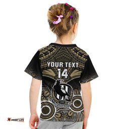 Personalised Collingwood Football Kid T Shirt Go Magpies Aboriginal Mix Polynesian Pattern