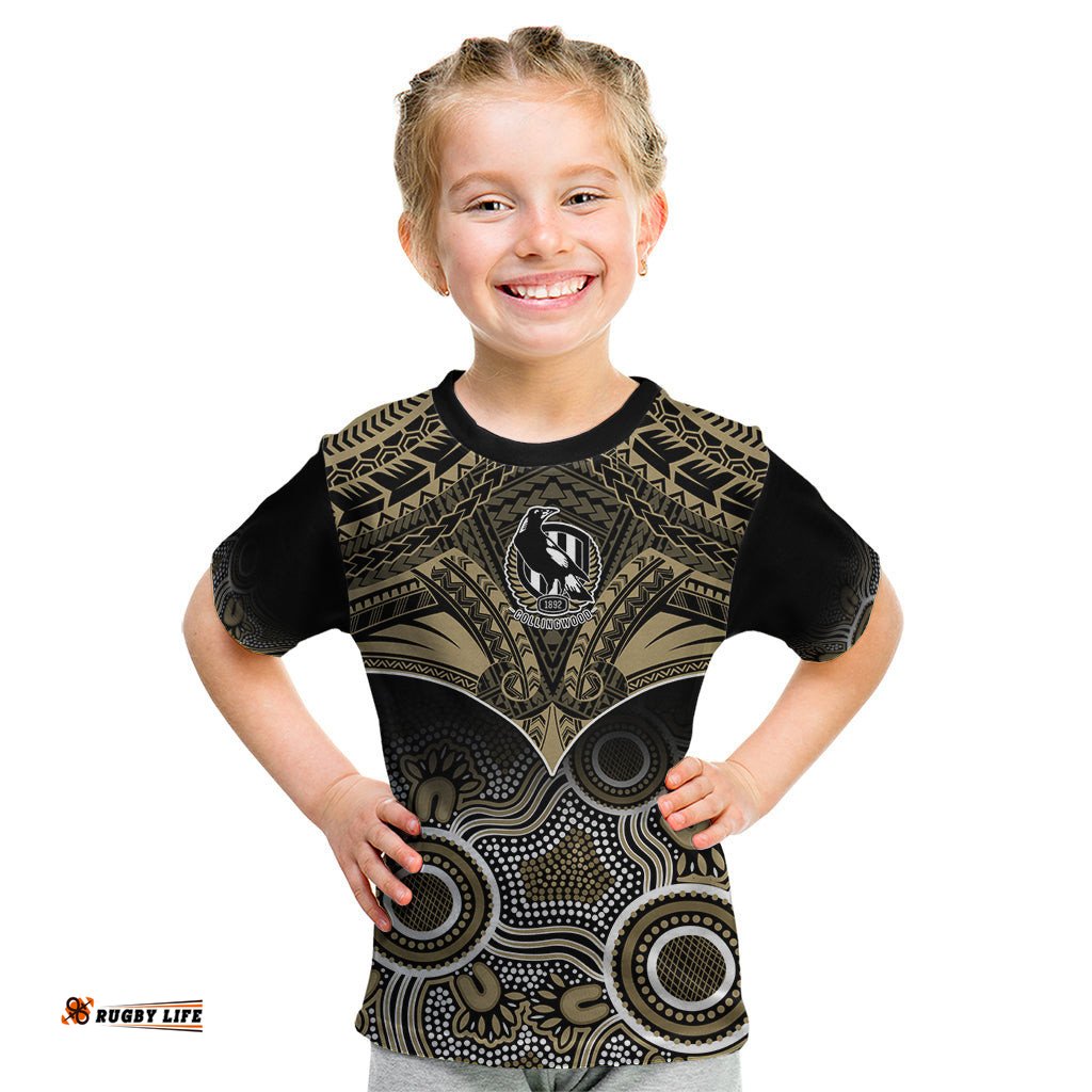 Personalised Collingwood Football Kid T Shirt Go Magpies Aboriginal Mix Polynesian Pattern