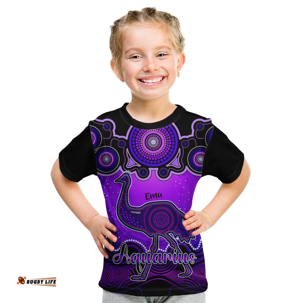 Personalised Australia Aquarius Emu Zodiac Kid T Shirt Auz Astrology Aboriginal - Purple