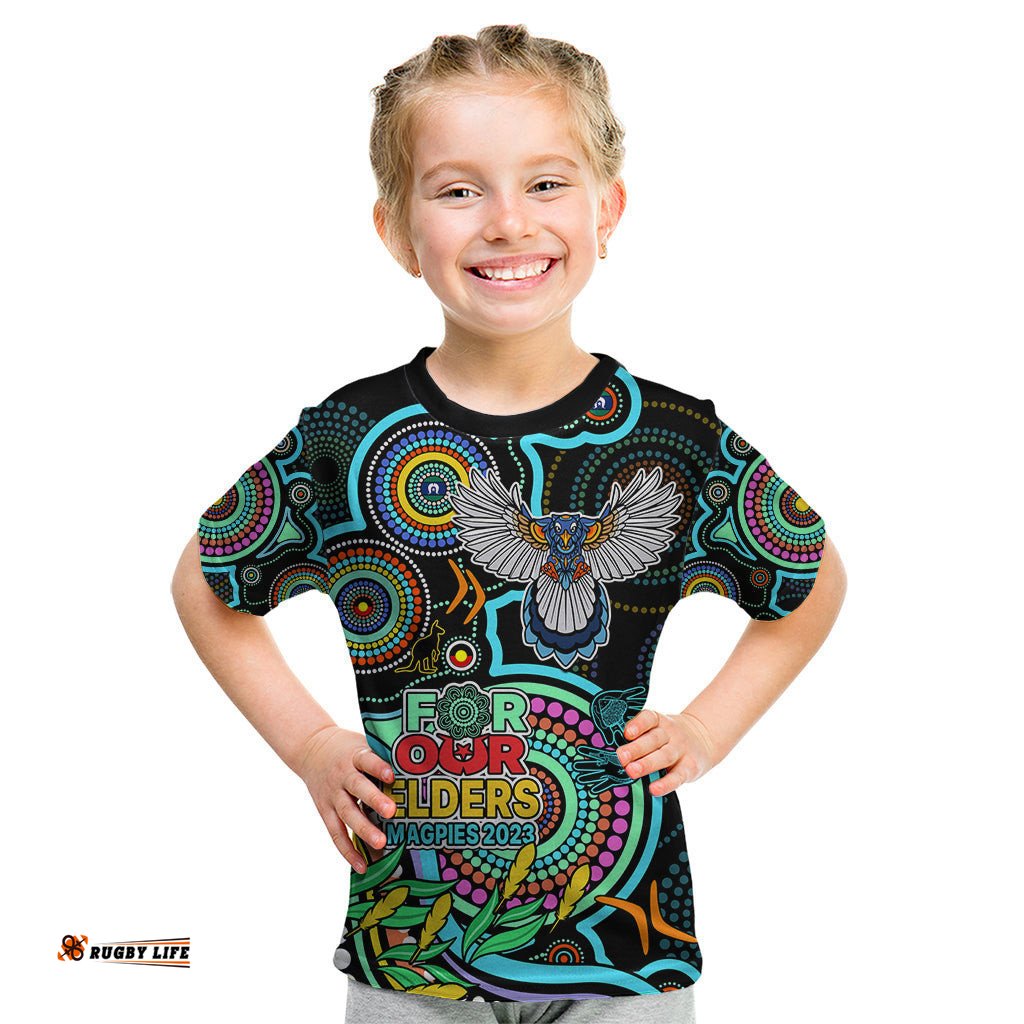 Custom Magpies Football Aboriginal Art Kid T Shirt NAIDOC Indigenous Tribal