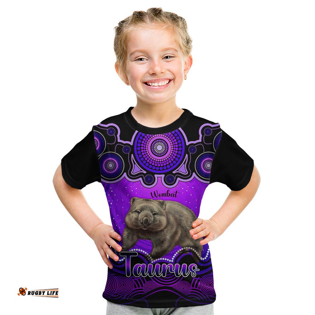 Personalised Australia Taurus Wombat Zodiac Kid T Shirt Auz Astrology Aboriginal - Purple