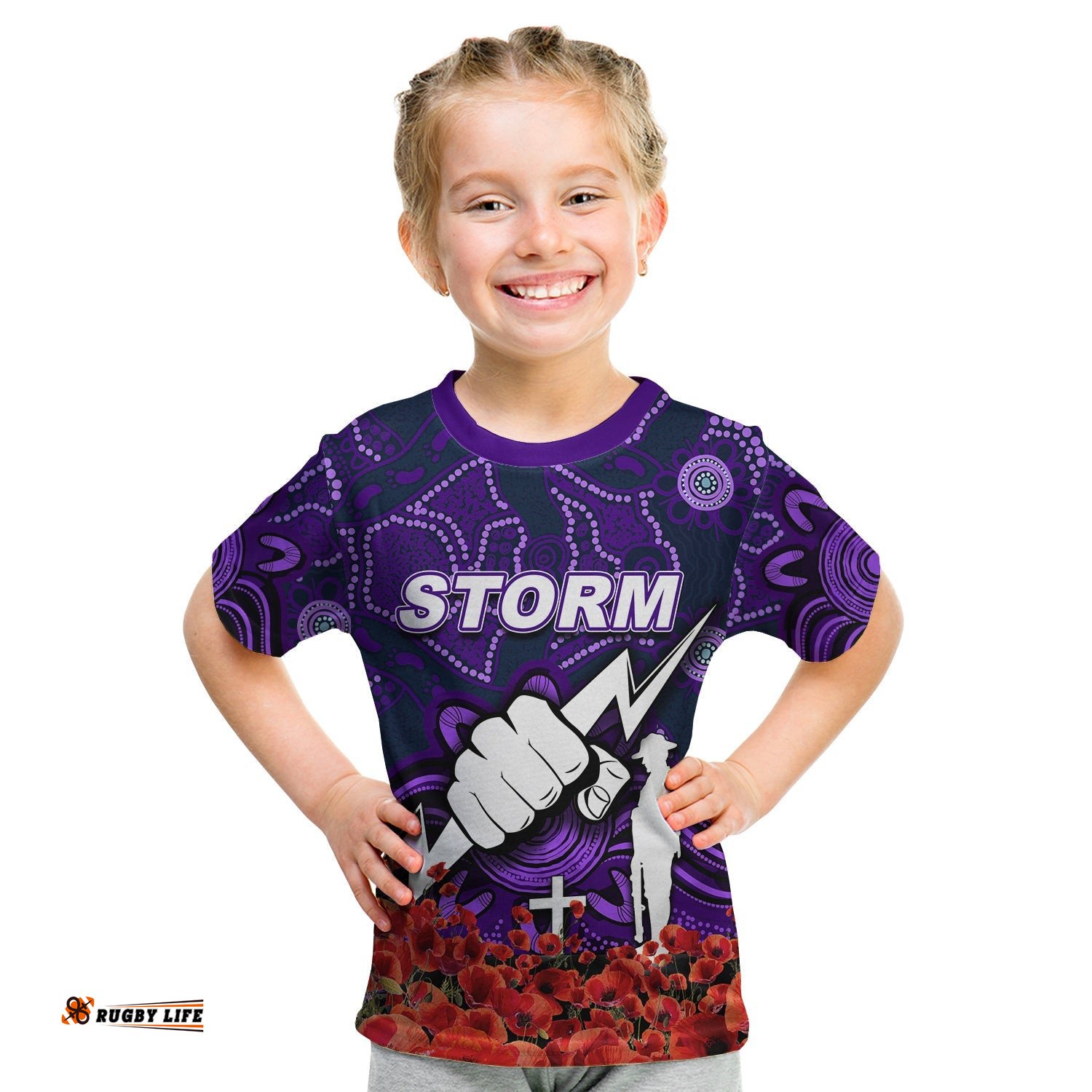Storm T Shirt KID Anzac Day Poppy Flowers With Aboriginal